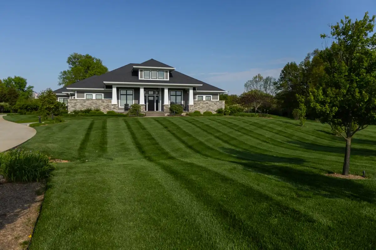 Striped green lawn in front of a two-story home
