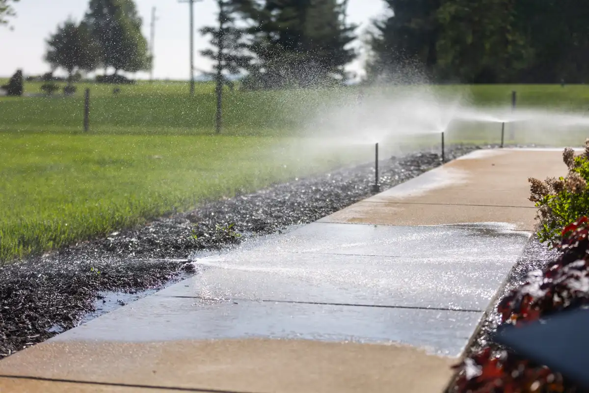 Sprinkler heads spraying water onto a sidewalk instead of the lawn