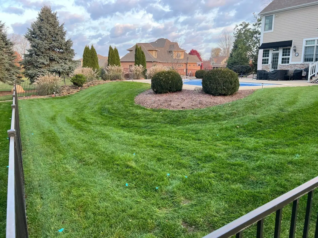 Curving lawn around a landscaped bed and pool in Lafayette, Indiana