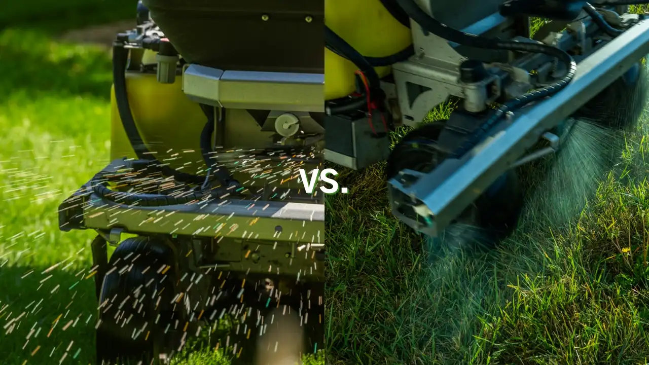 Split image comparing a spreader throwing granular fertilizer with a sprayer boom misting liquid