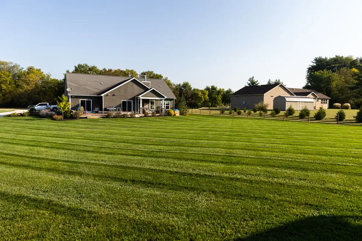 Wide, striped green lawn stretching toward two homes under a clear sky