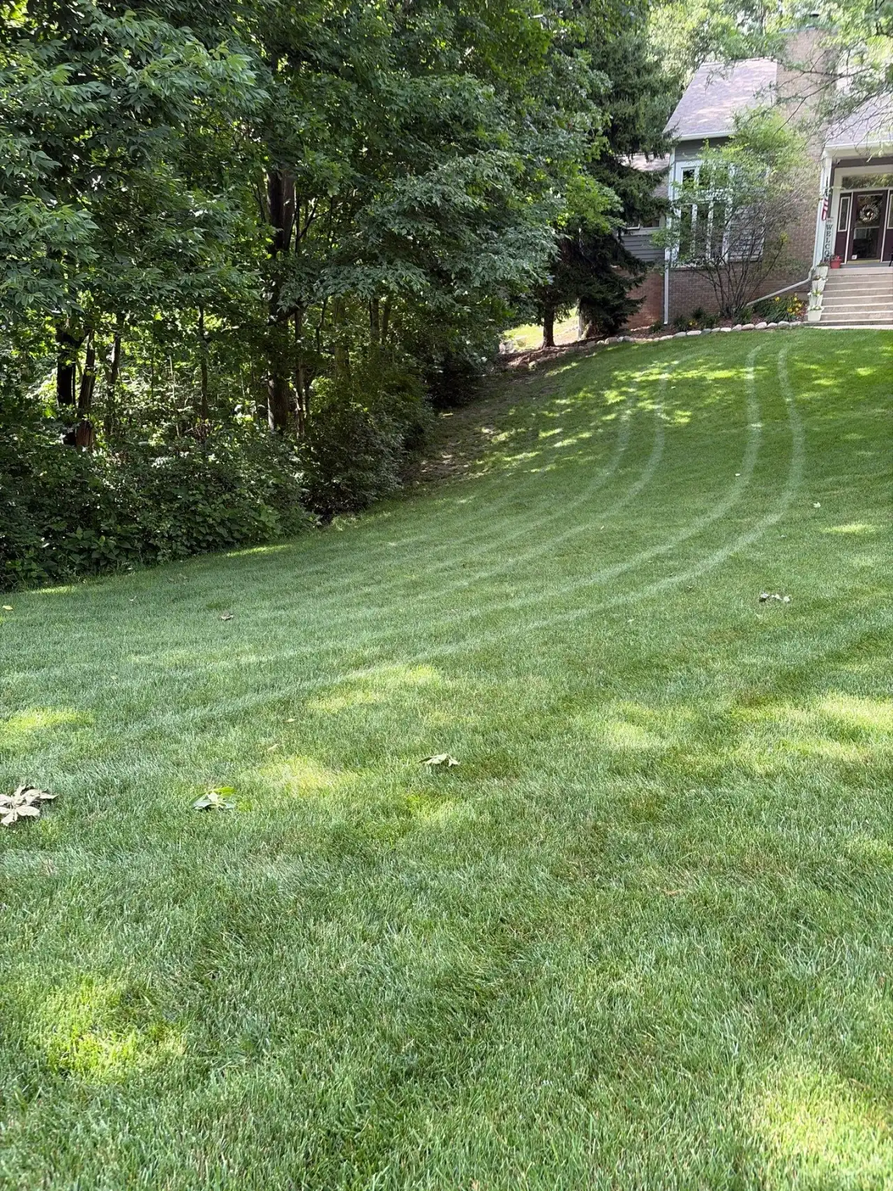 Sloped lawn with mowing lines below a wooded hillside home in Lafayette, Indiana