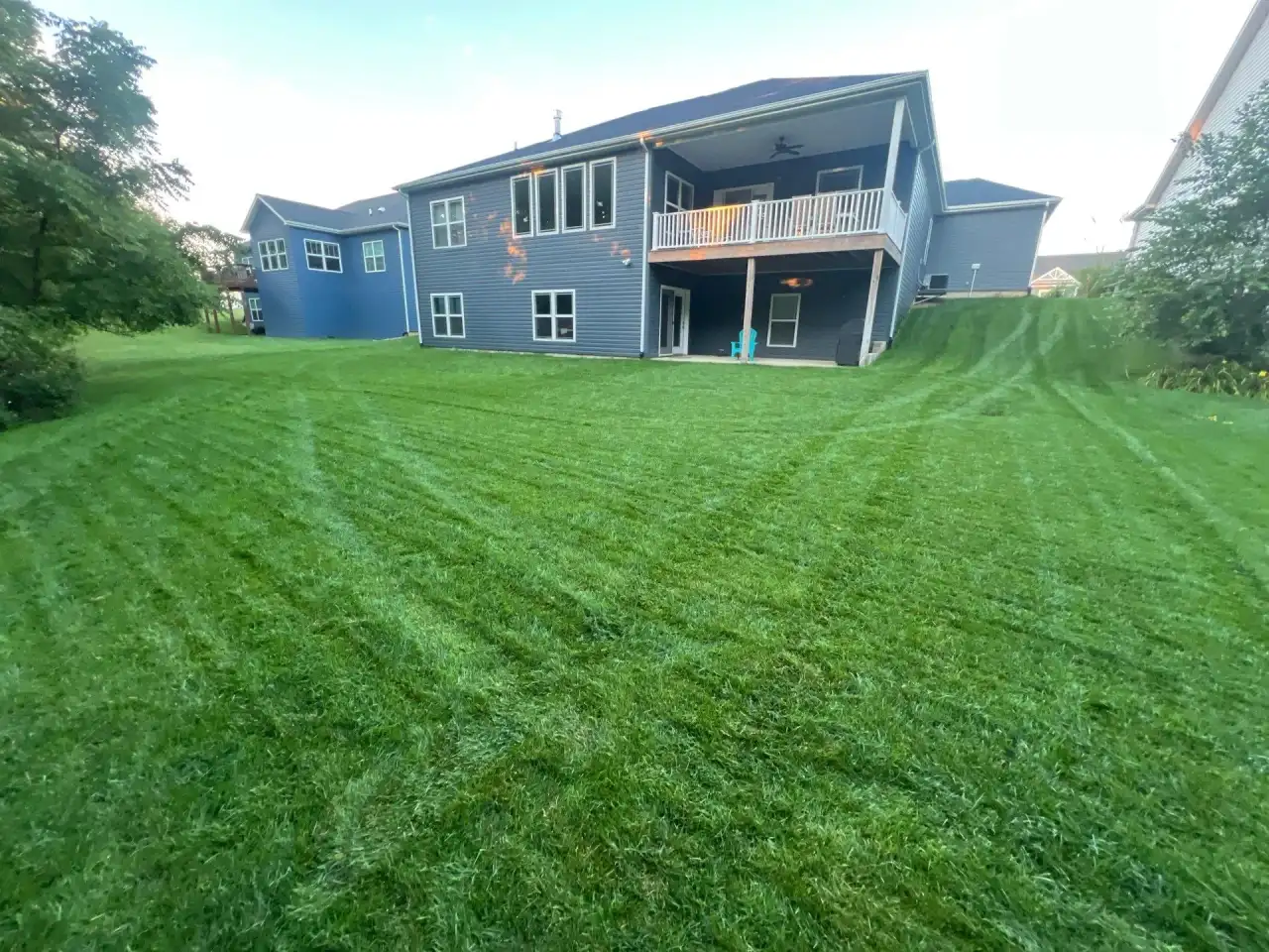 Striped backyard lawn behind a two-story West Lafayette, Indiana home