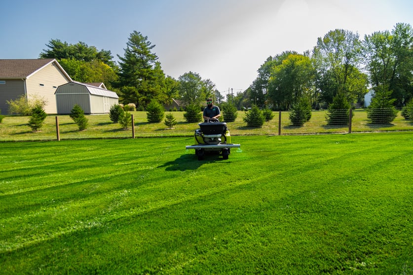 lawn care technician treating a beautiful green lawn